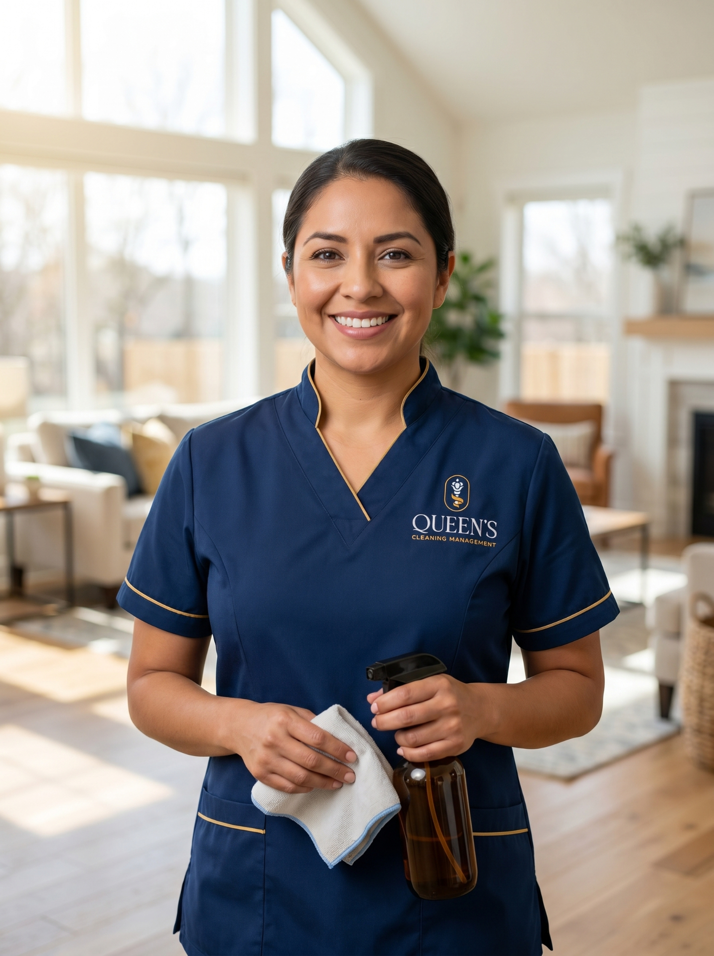 Latina cleaning entrepreneur in a luxury living room